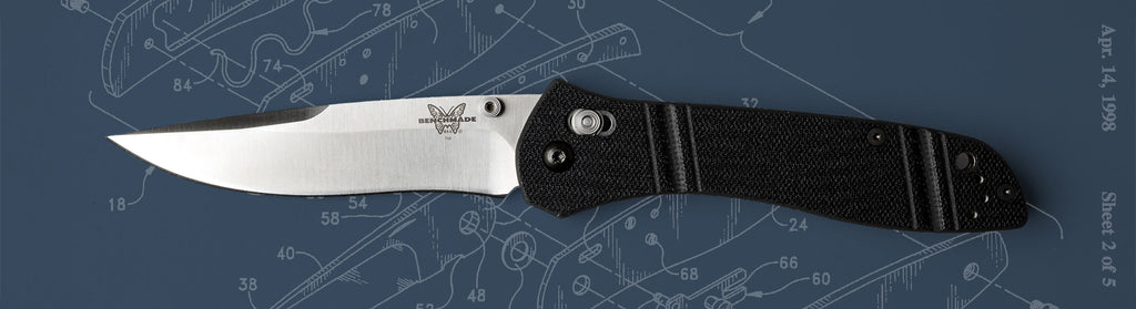 Benchmade folding knife with black handle displayed against technical blueprints, showcasing the innovative AXIS® Lock mechanism.
