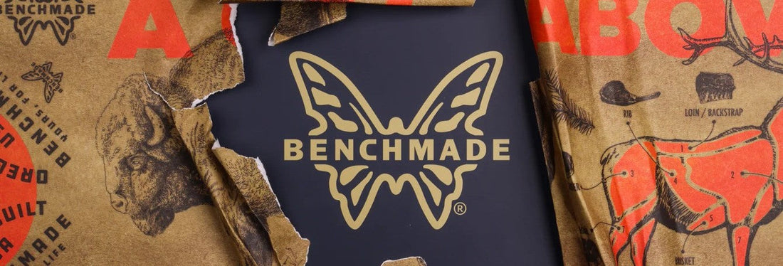 Golden Benchmade butterfly logo on dark navy, revealed by tearing rugged brown paper with hunting motifs.