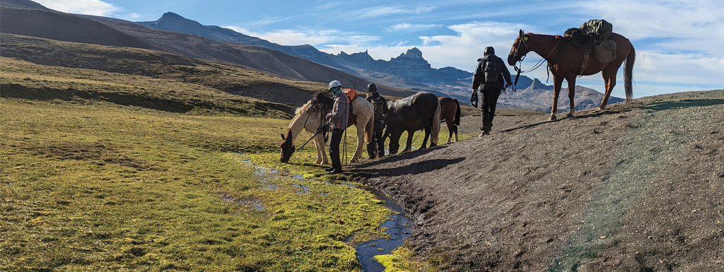 Hikers lead pack horses along a high-altitude trail toward jagged peaks, evoking adventure and solitude in wild terrain.