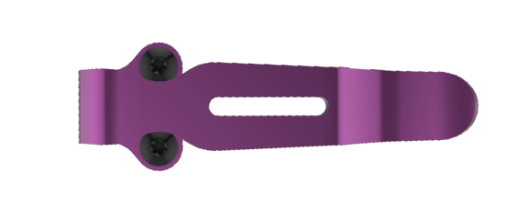 Purple CSTM Clip component with central slot and two black screws, shown in side view