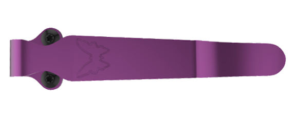 Purple metal money clip with engraved bat logo and two black screws, shown in side profile.