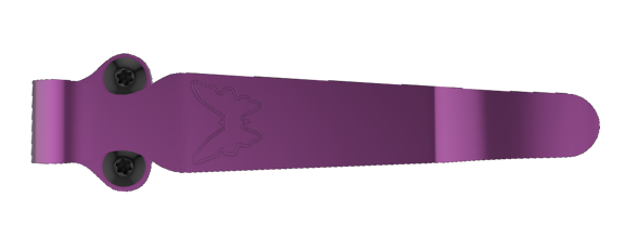 Purple metal clip with two black screws and embossed bird logo, shown in side view.