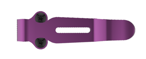 Purple metal custom clip with two black screws and a central slot, shown in side view.