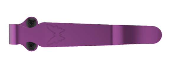 Purple metal money clip with butterfly engraving and two black screws, side view.
