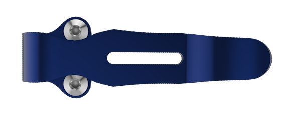 Navy blue metal clip with two silver rivets and a central slot, shown from the side.