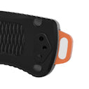 Black back spacer with textured grip and orange tab, shown in side view.