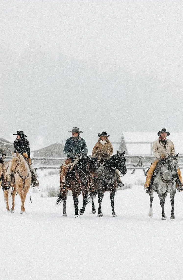 Four cowboys on horseback ride through a snowy landscape during a heavy snowfall, with a barn visible in the background.