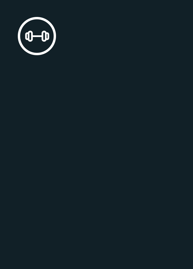 White dumbbell icon inside a circle on dark background, top left corner.