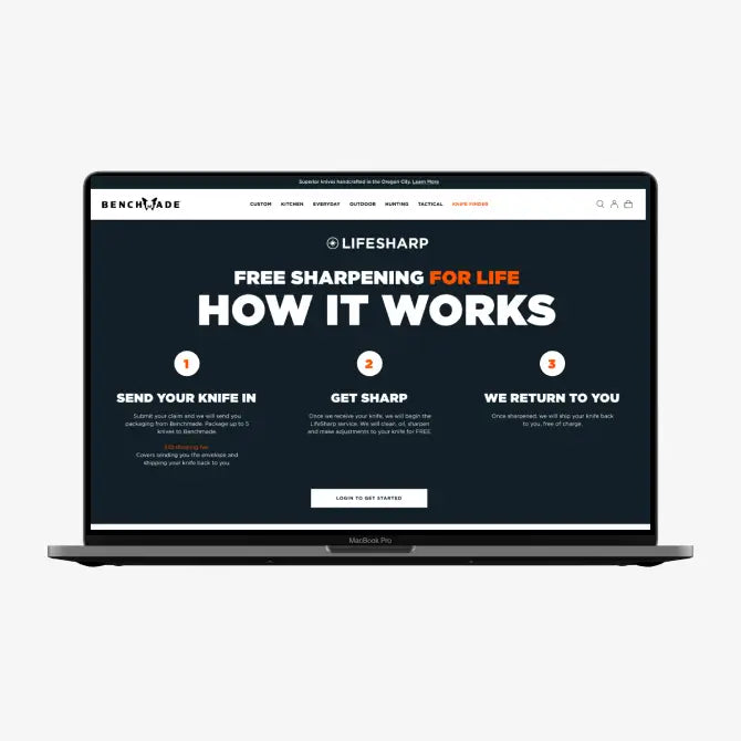 Laptop displaying Benchmade website with a dark background and white text explaining their free knife sharpening service.