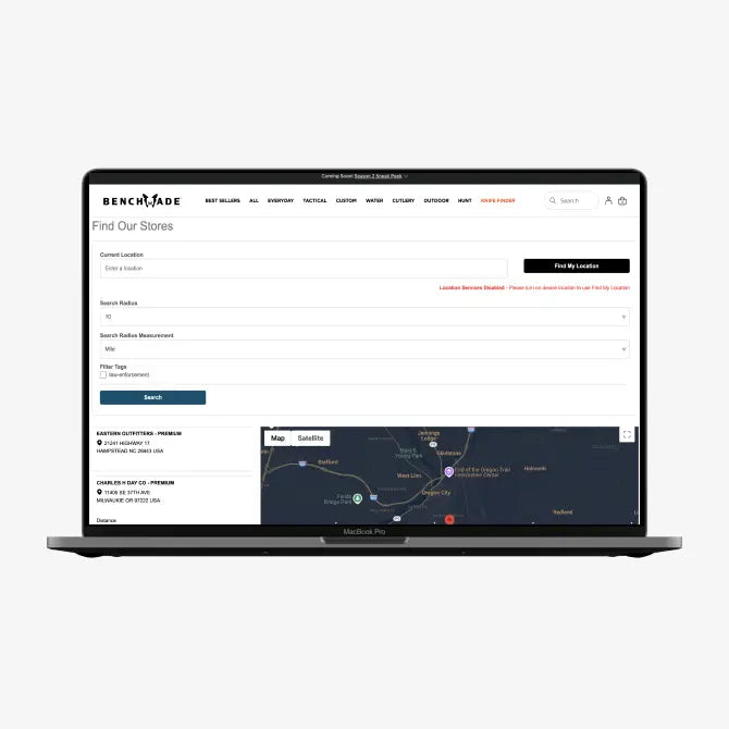 Laptop screen shows Benchmade "Find Our Stores" page with location search fields and dark map.
