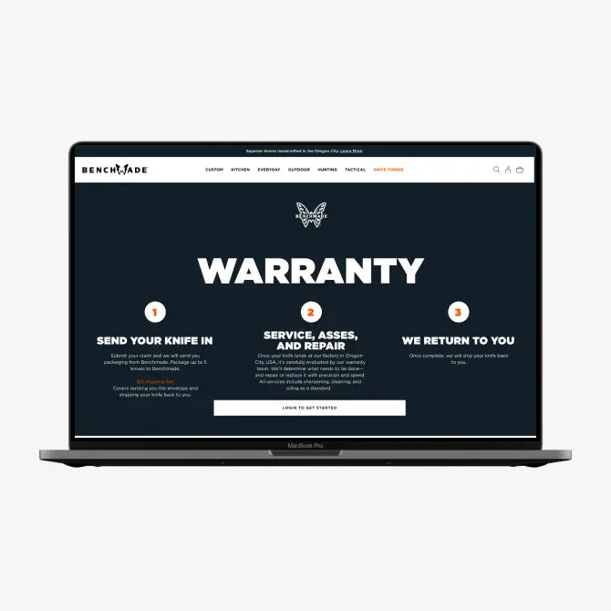 Laptop screen displays Benchmade warranty page with three steps: send, service, and return.