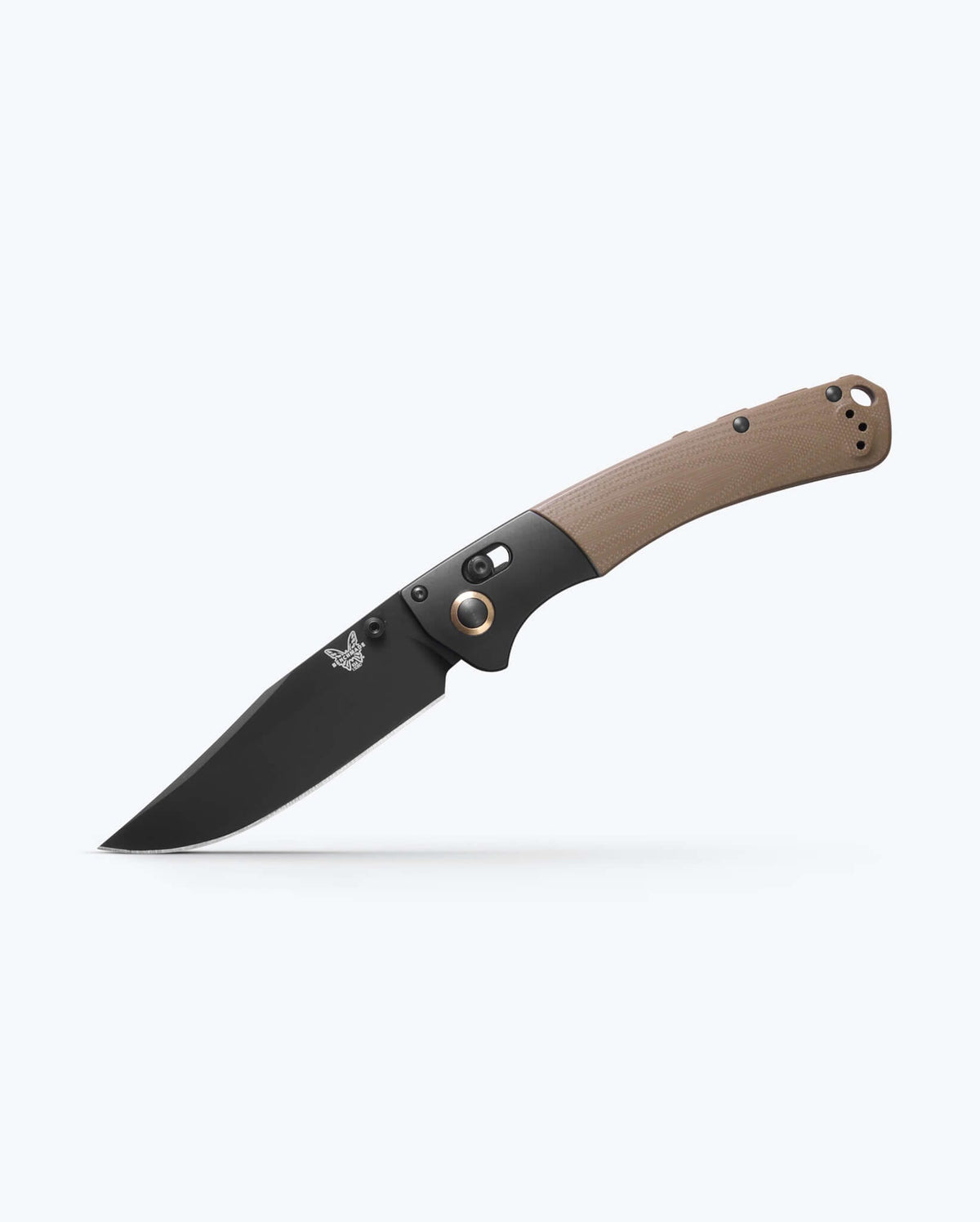 Custom Crooked River Tan Handle Black Blade - Angled View | Benchmade Knife Co.