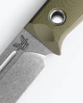 Bushcrafter OD Green G10 Handle Detail - Close-up Logo & Grommets | Benchmade Knife Co.