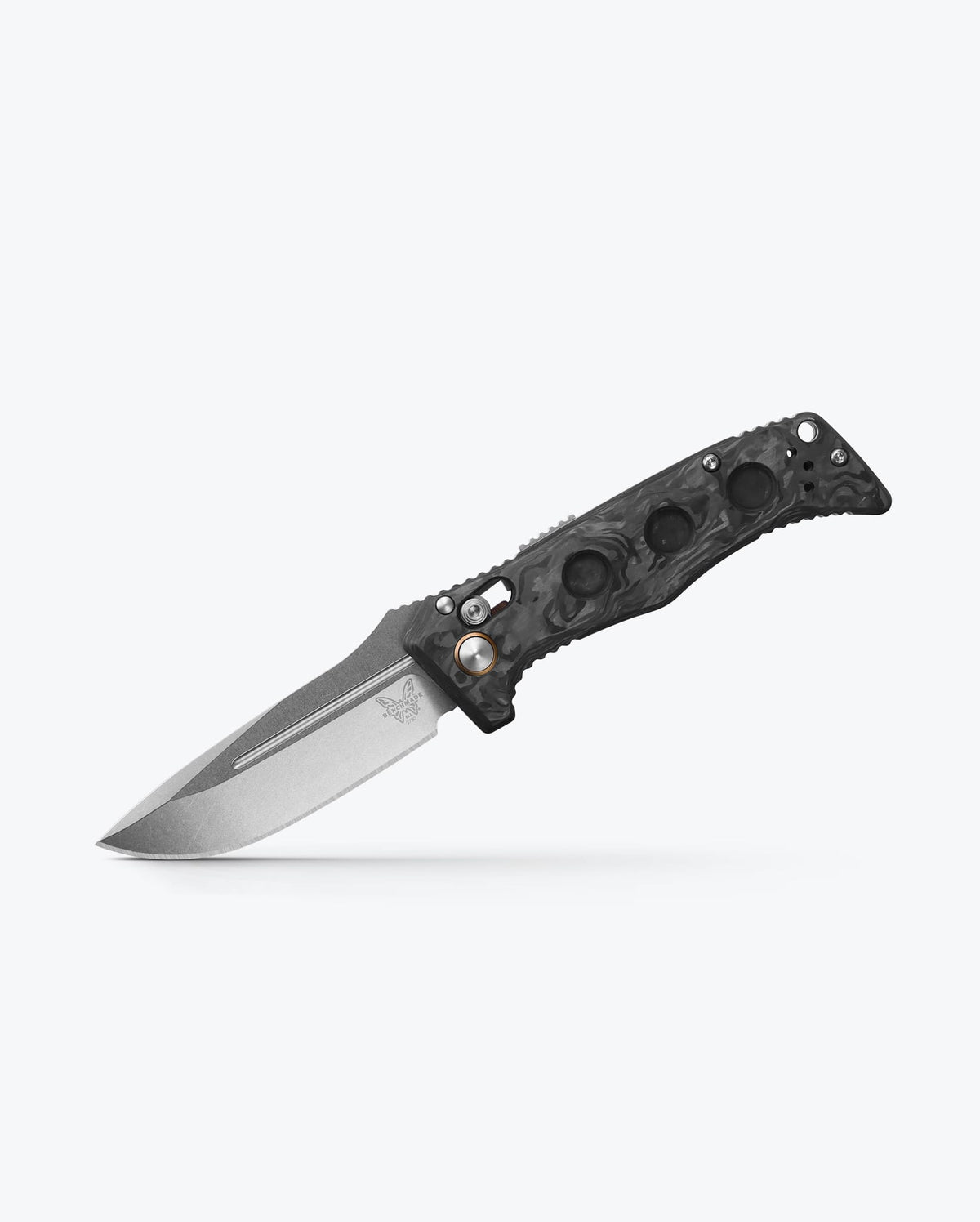 Mini Auto Adamas® Marbled Carbon Fiber Drop-point - Side Profile Tip Down | Benchmade Knife Co.