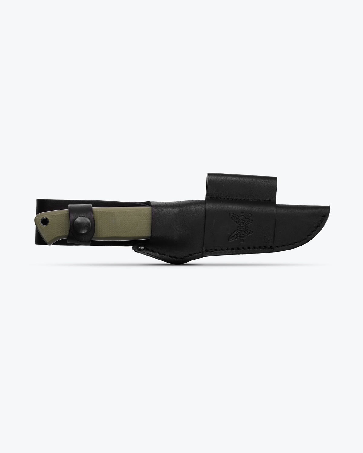 Bushcrafter OD Green G10 Drop-point in Black Leather Sheath - Side View | Benchmade Knife Co.