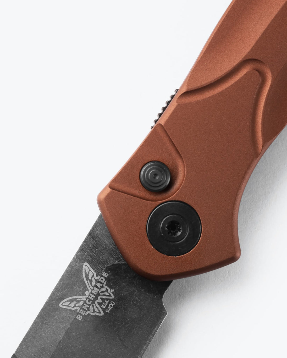 Auto Osborne Burnt Copper Aluminum - Push Button Detail Close Up | Benchmade Knife Co.