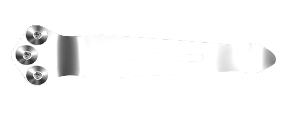 Polished stainless steel custom clip with three screw holes and a long tapered body.