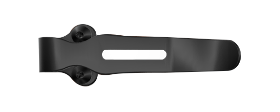 Black metal custom clip with central slot and side rivets, shown in a flat horizontal profile view.