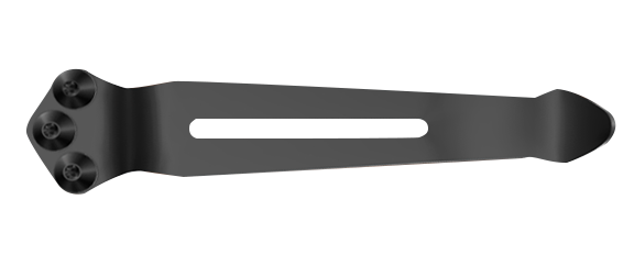 Black metal CSTM clip with three screws, elongated body, central slot, and rounded tip.