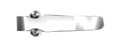 Polished silver metal clip with two round screw heads on left, curved elongated body.