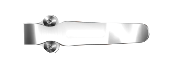Polished silver metal clip with two round screw heads on left, curved elongated body.