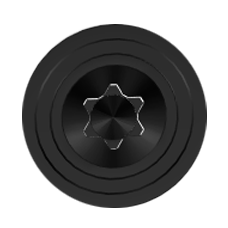 Black circular barrel spacer with a silver star-shaped center insert, viewed from the front.